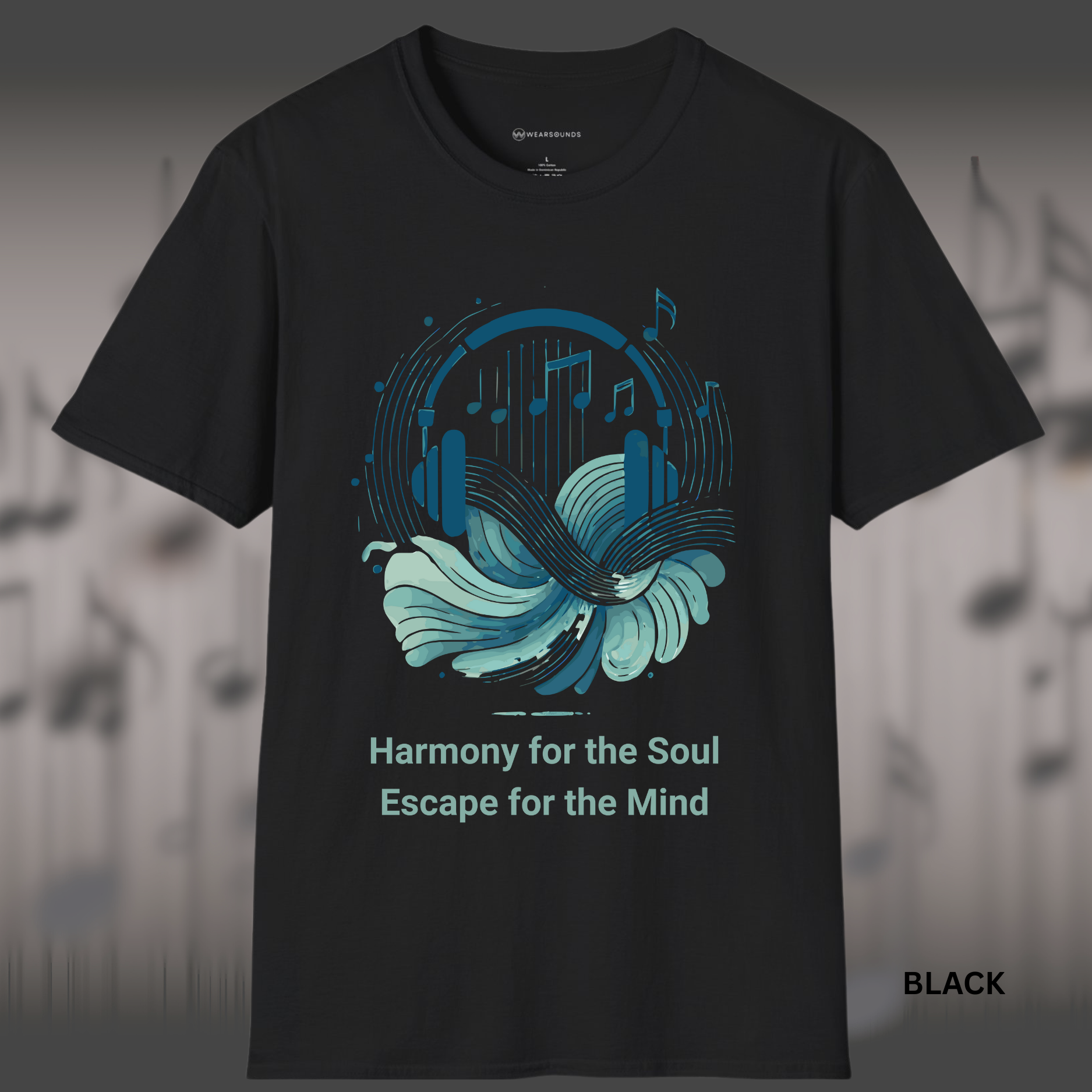 Artistic music-themed t-shirt design with abstract headphones, flowing waves, and floating music notes