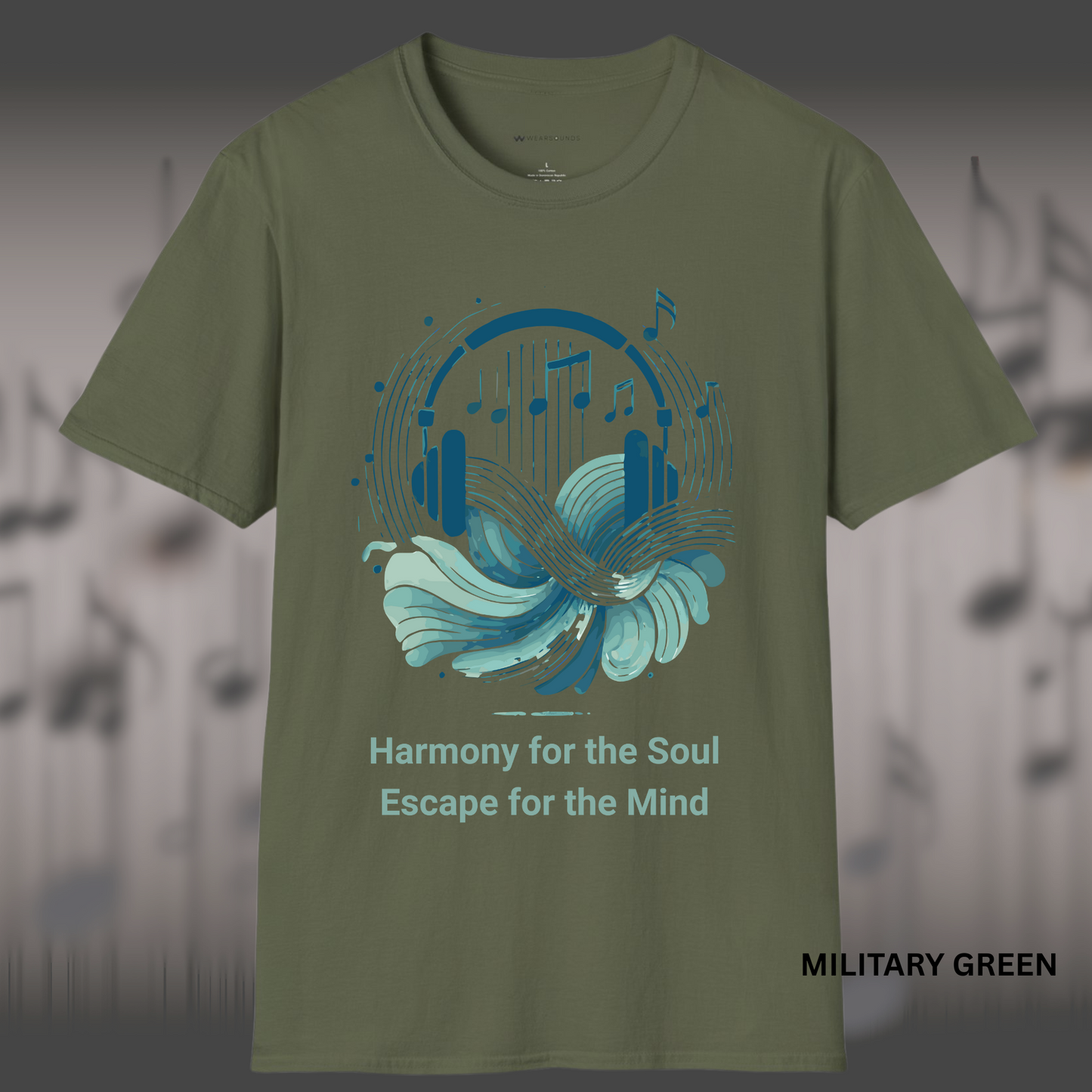 Artistic music-themed t-shirt design with abstract headphones, flowing waves, and floating music notes