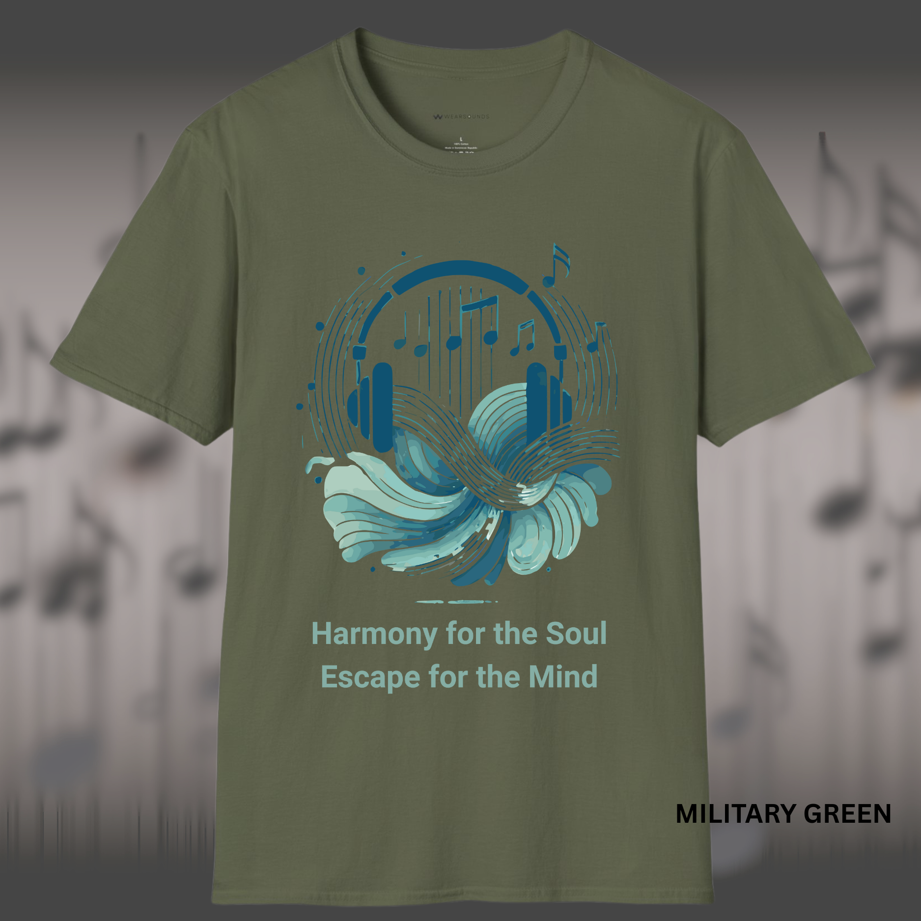 Artistic music-themed t-shirt design with abstract headphones, flowing waves, and floating music notes