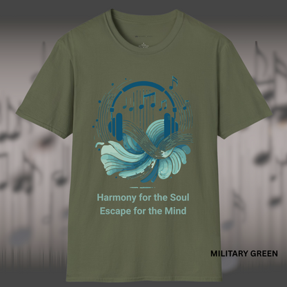 Artistic music-themed t-shirt design with abstract headphones, flowing waves, and floating music notes
