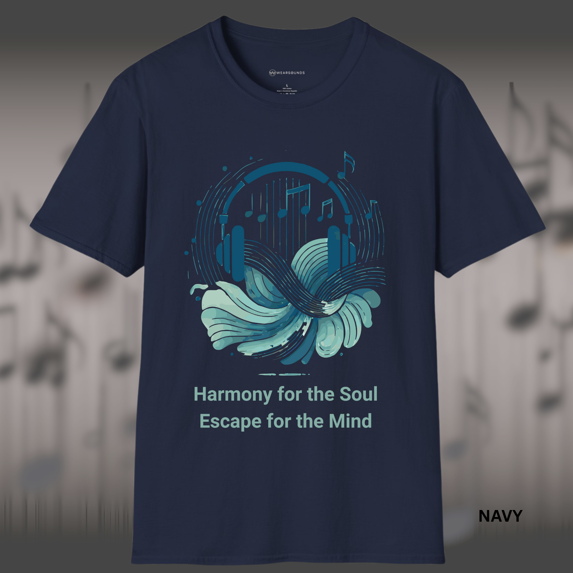 Artistic music-themed t-shirt design with abstract headphones, flowing waves, and floating music notes