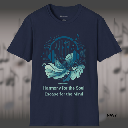 Artistic music-themed t-shirt design with abstract headphones, flowing waves, and floating music notes