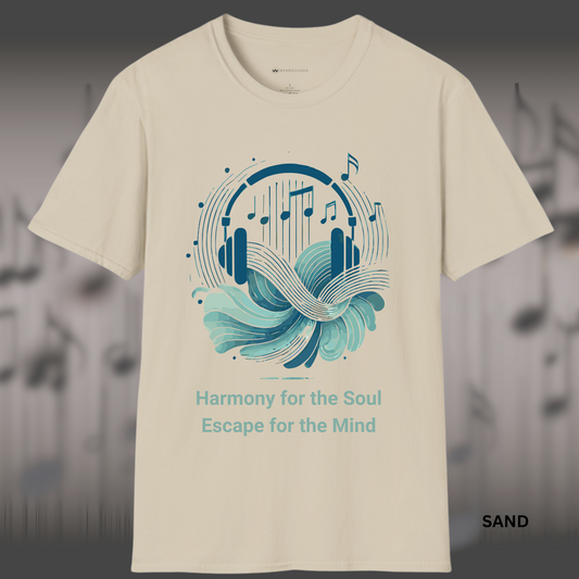 Artistic music-themed t-shirt design with abstract headphones, flowing waves, and floating music notes