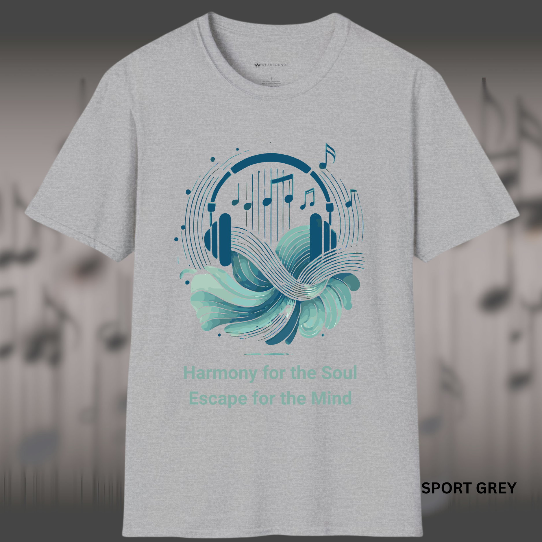 Artistic music-themed t-shirt design with abstract headphones, flowing waves, and floating music notes