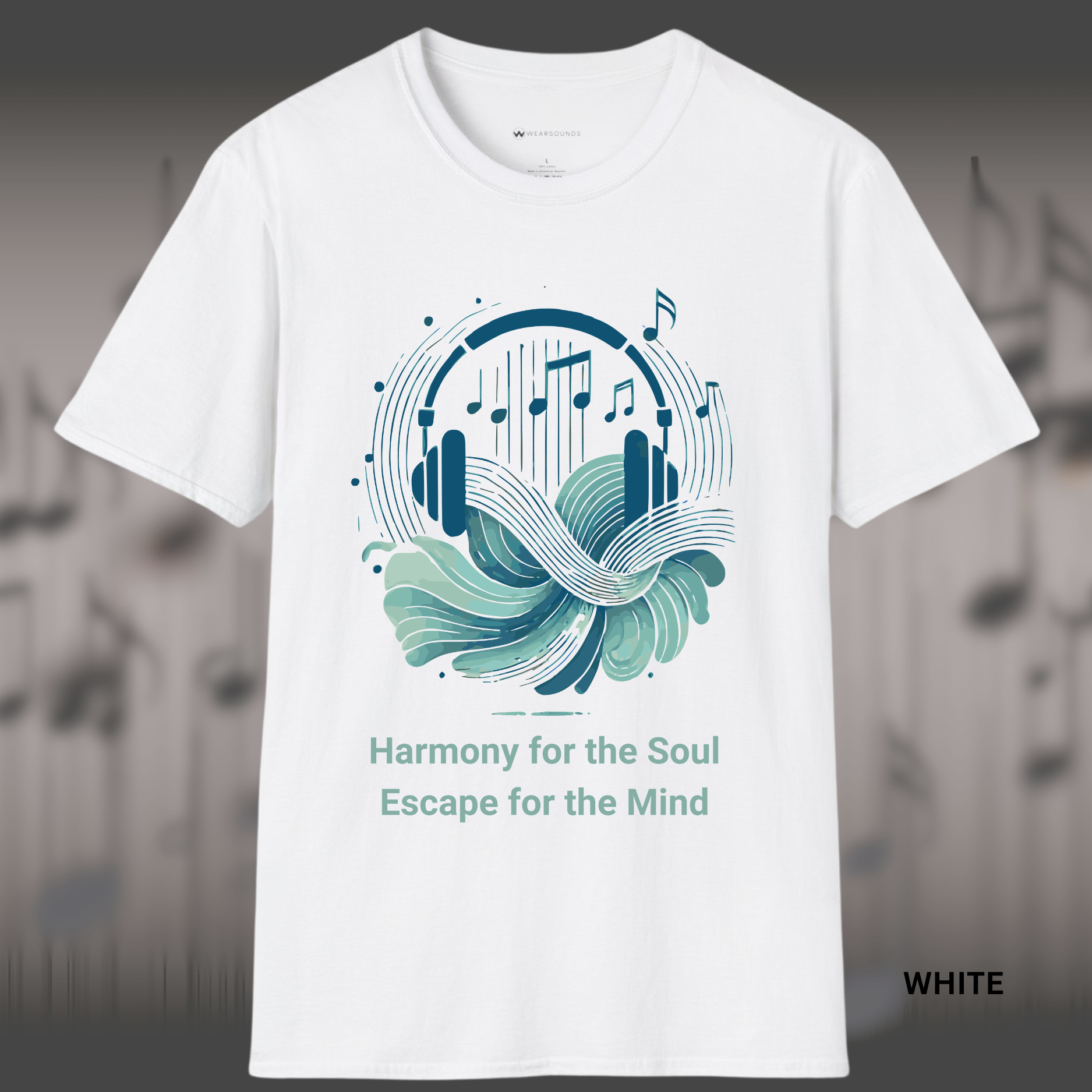 Artistic music-themed t-shirt design with abstract headphones, flowing waves, and floating music notes