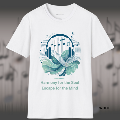 Artistic music-themed t-shirt design with abstract headphones, flowing waves, and floating music notes