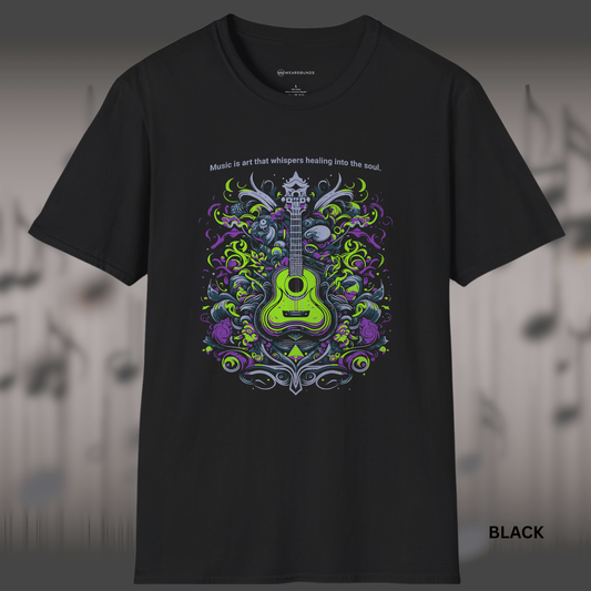 HEALING WHISPERS OF MUSIC   | T-SHIRT - 5 colors - 9 sizes  |  🎁 Ideal for:  Guitarists,  Songwriters and producers, Artists and creatives, Music therapists and educators  Anyone who turns to music for emotional grounding