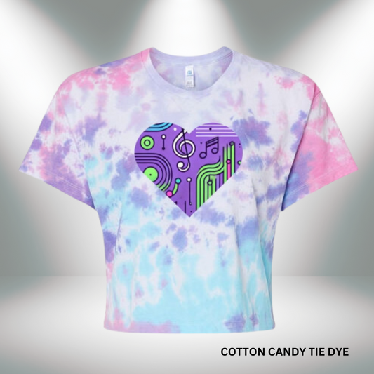 Heart-shaped music design featuring neon green, pink, blue, and black music notes and lines on a vibrant purple background.