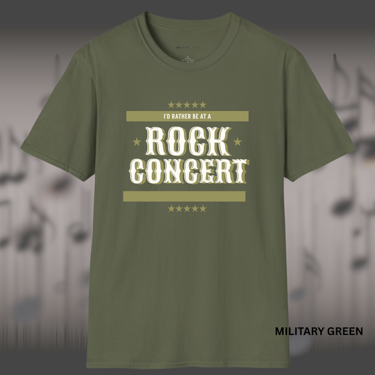 Stylized text reading 'I’d Rather Be at a Rock Concert' in bold vintage lettering, framed by gold stars and horizontal bars
