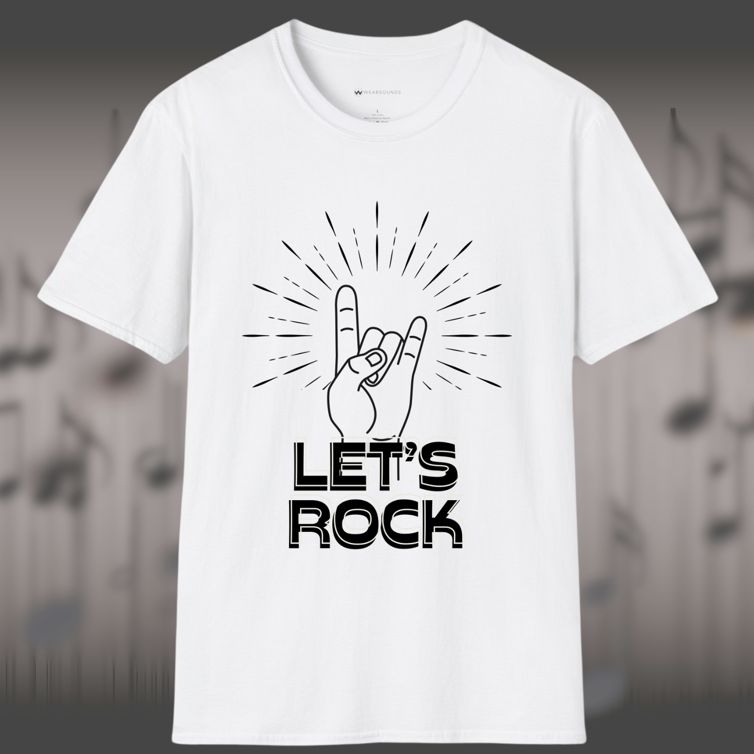 unisex t-shirt featuring a minimalist black graphic of a hand making the rock-and-roll gesture, radiating stylized lines of energy, with bold text below that reads “LET’S ROCK” in all caps.