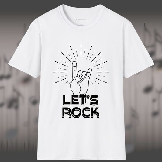 unisex t-shirt featuring a minimalist black graphic of a hand making the rock-and-roll gesture, radiating stylized lines of energy, with bold text below that reads “LET’S ROCK” in all caps.
