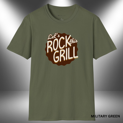 Retro-styled t-shirt graphic with the phrase “Let’s Rock This Grill” in hand-lettered cream and gold text on a dark brown, scalloped badge shape.