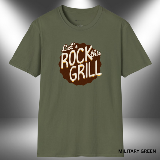 Retro-styled t-shirt graphic with the phrase “Let’s Rock This Grill” in hand-lettered cream and gold text on a dark brown, scalloped badge shape.