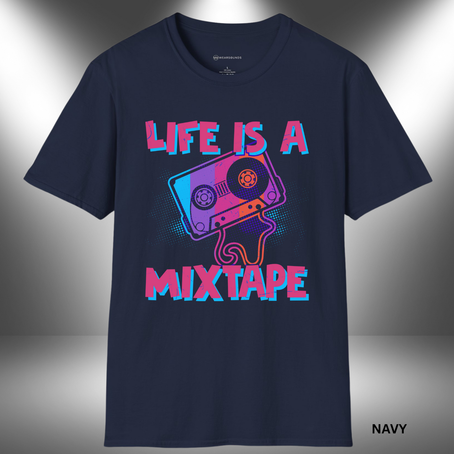Retro graphic of a colorful cassette tape with dripping tape ribbon, paired with bold distressed text reading 'Life Is a Mixtape' in pink and blue