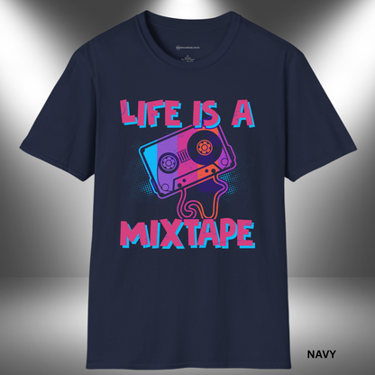 Retro graphic of a colorful cassette tape with dripping tape ribbon, paired with bold distressed text reading 'Life Is a Mixtape' in pink and blue