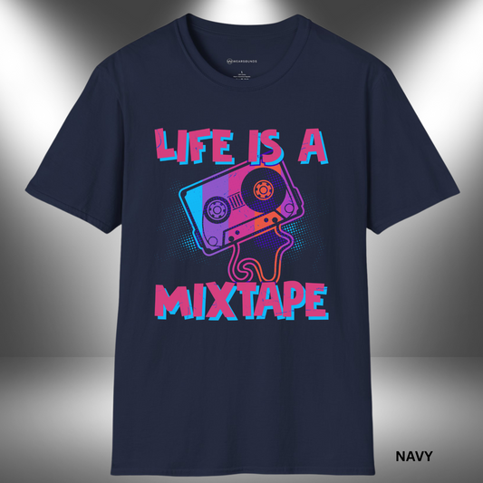 Retro graphic of a colorful cassette tape with dripping tape ribbon, paired with bold distressed text reading 'Life Is a Mixtape' in pink and blue