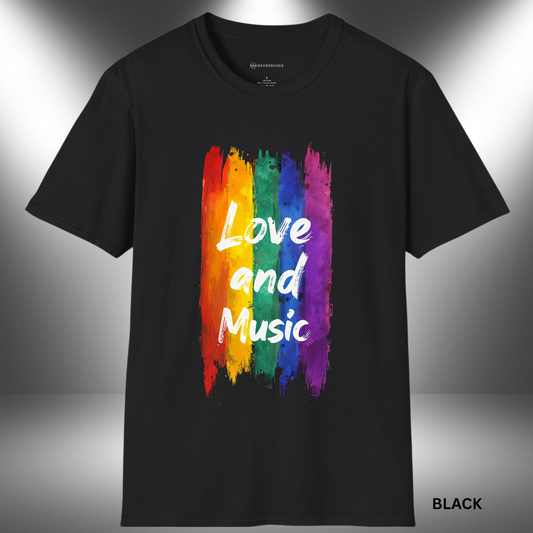 LOVE and MUSIC     | T-SHIRT - 7 colors - 9 sizes | Colorful Pride Shirt for Music Fans & LGBTQ+ Supporters