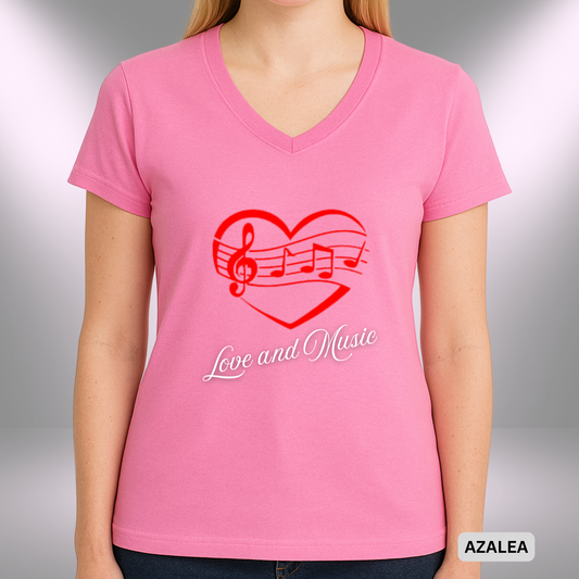 LOVE AND MUSIC (Heart)    |  Lady's V-Neck  | T-SHIRT - 7 colors - 4 sizes