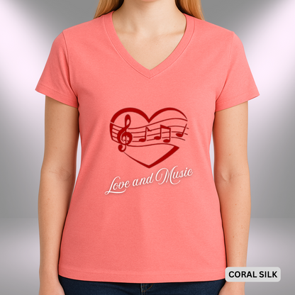 LOVE AND MUSIC (Heart)    |  Lady's V-Neck  | T-SHIRT - 7 colors - 4 sizes
