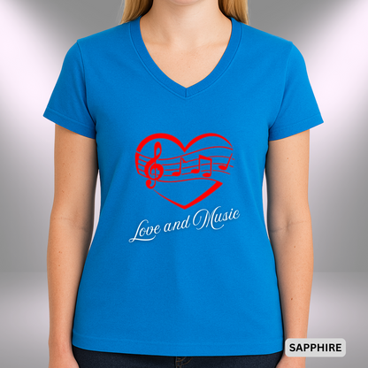 LOVE AND MUSIC (Heart)    |  Lady's V-Neck  | T-SHIRT - 7 colors - 4 sizes