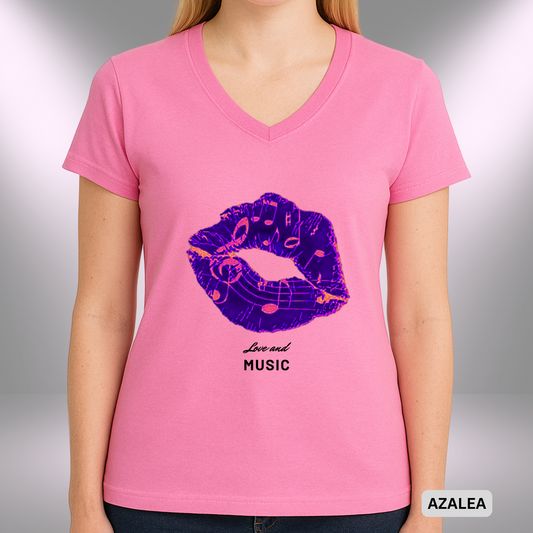 LOVE AND MUSIC (KISS)   |  Lady's V-Neck  | T-SHIRT - 7 colors - 4 sizes