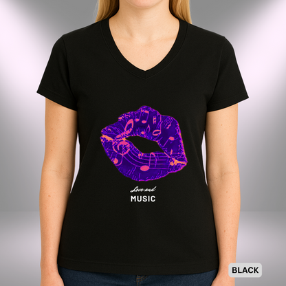 LOVE AND MUSIC (KISS)   |  Lady's V-Neck  | T-SHIRT - 7 colors - 4 sizes
