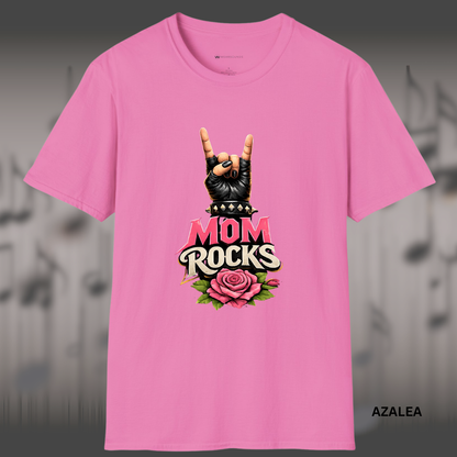 MOM ROCKS   | T-SHIRT - 7 colors - 9 sizes  |  Edgy Mother’s Day Rock Shirt with Rose & Rock Hand for Cool Moms!