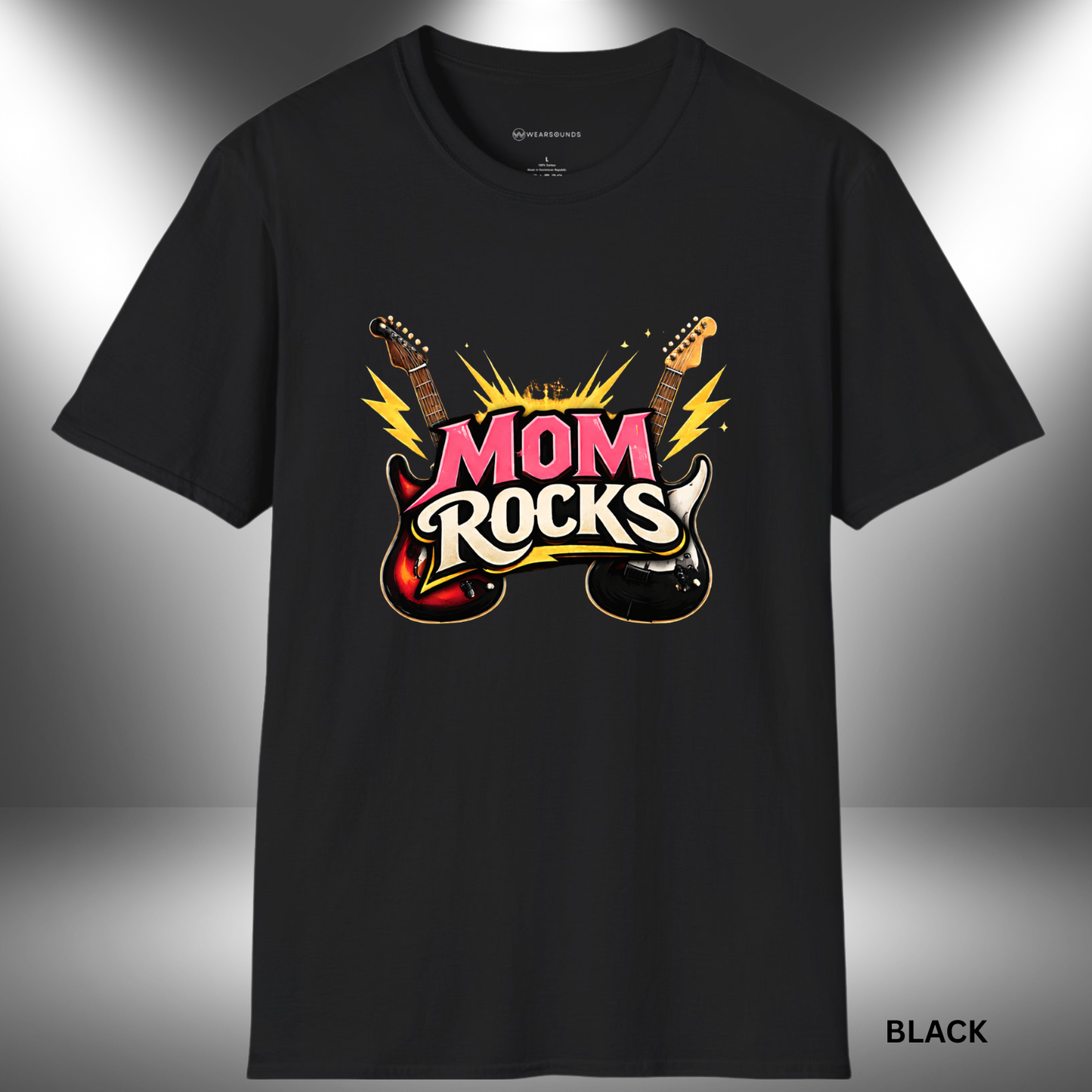 MOM ROCKS  | T-SHIRT - 7 colors - 9 sizes | Bold guitar Mother's Day Shirt for Rock Moms.