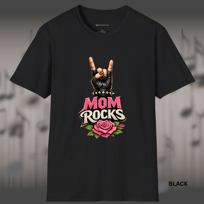 MOM ROCKS   | T-SHIRT - 7 colors - 9 sizes  |  Edgy Mother’s Day Rock Shirt with Rose & Rock Hand for Cool Moms!