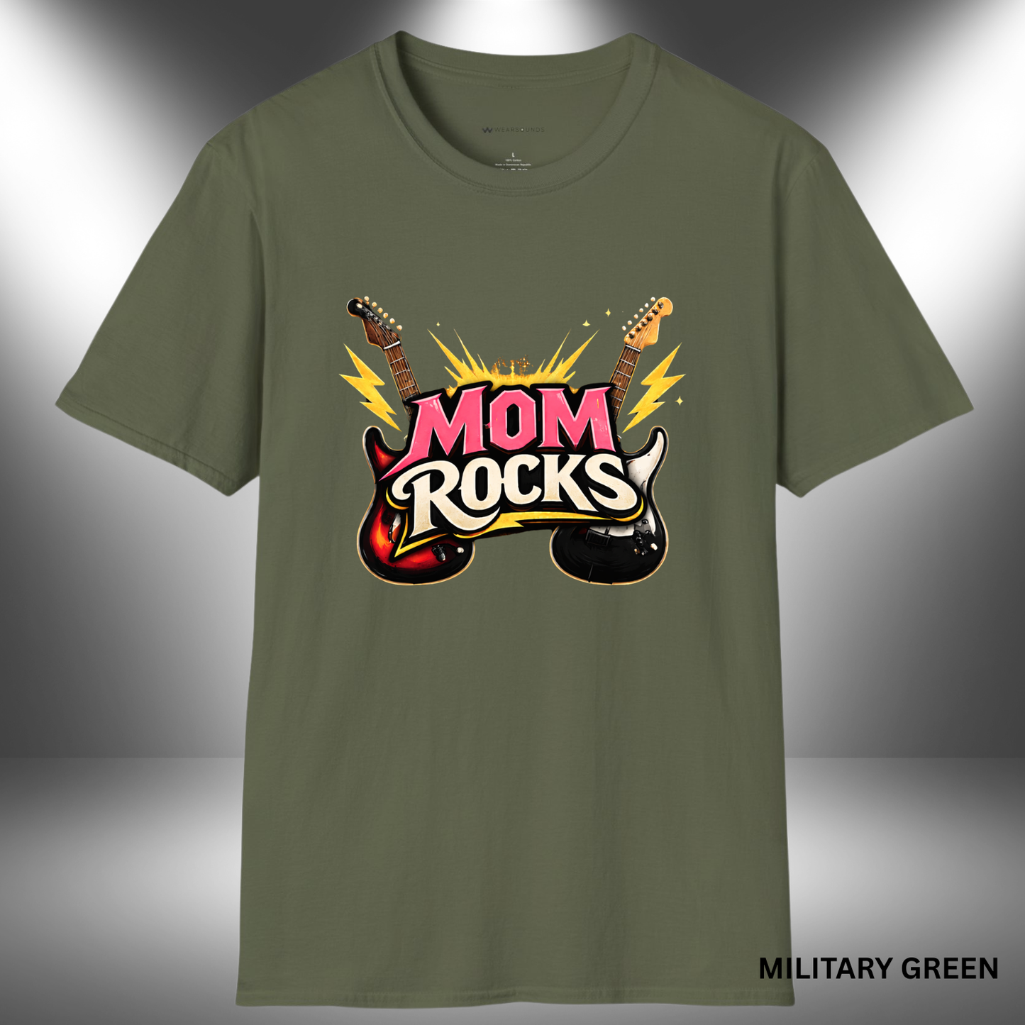 MOM ROCKS  | T-SHIRT - 7 colors - 9 sizes | Bold guitar Mother's Day Shirt for Rock Moms.
