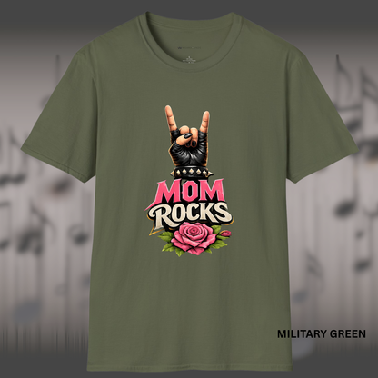 MOM ROCKS   | T-SHIRT - 7 colors - 9 sizes  |  Edgy Mother’s Day Rock Shirt with Rose & Rock Hand for Cool Moms!