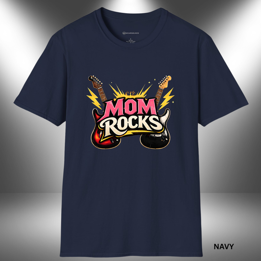 MOM ROCKS  | T-SHIRT - 7 colors - 9 sizes | Bold guitar Mother's Day Shirt for Rock Moms.