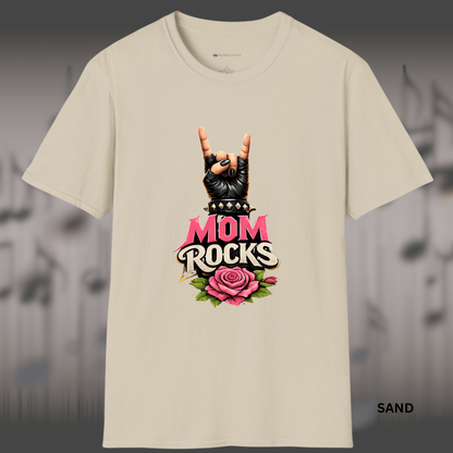 MOM ROCKS   | T-SHIRT - 7 colors - 9 sizes  |  Edgy Mother’s Day Rock Shirt with Rose & Rock Hand for Cool Moms!