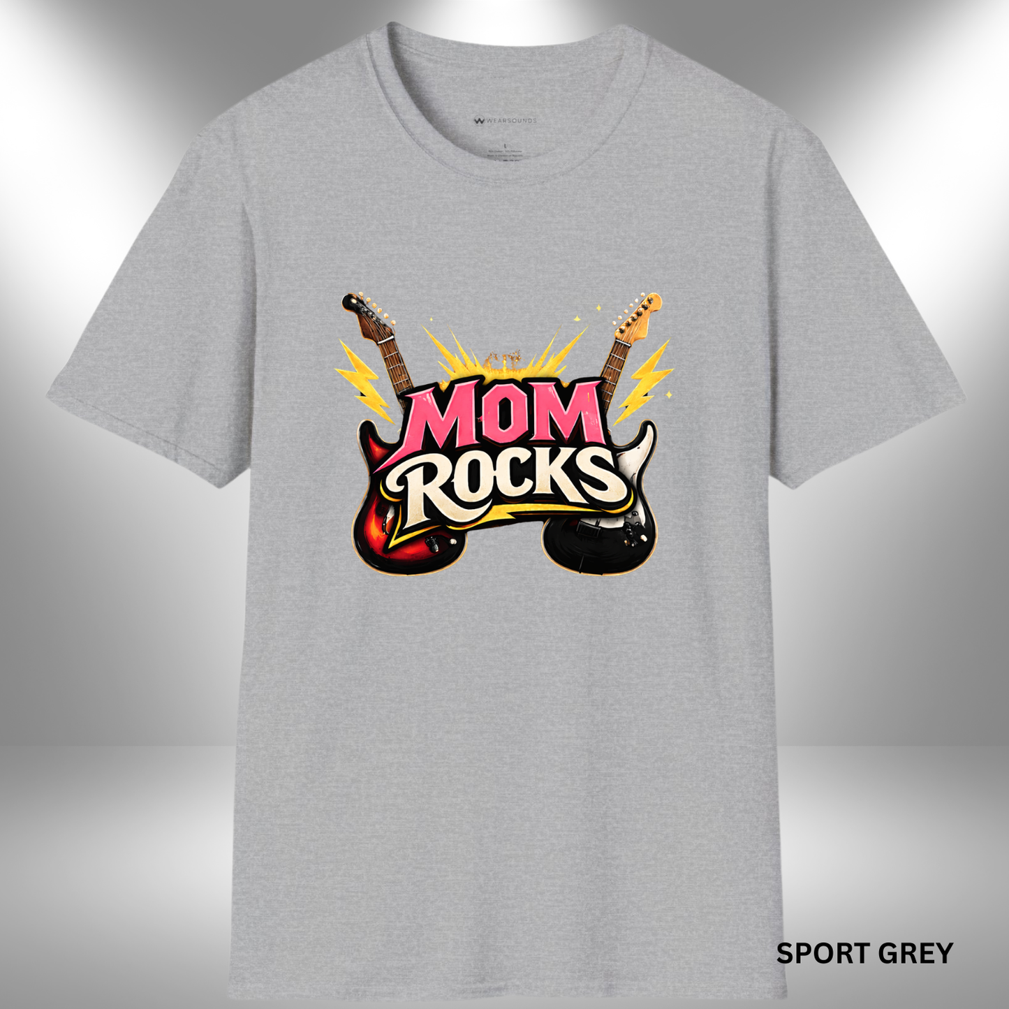 MOM ROCKS  | T-SHIRT - 7 colors - 9 sizes | Bold guitar Mother's Day Shirt for Rock Moms.