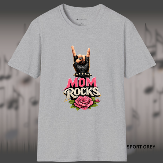 MOM ROCKS   | T-SHIRT - 7 colors - 9 sizes  |  Edgy Mother’s Day Rock Shirt with Rose & Rock Hand for Cool Moms!