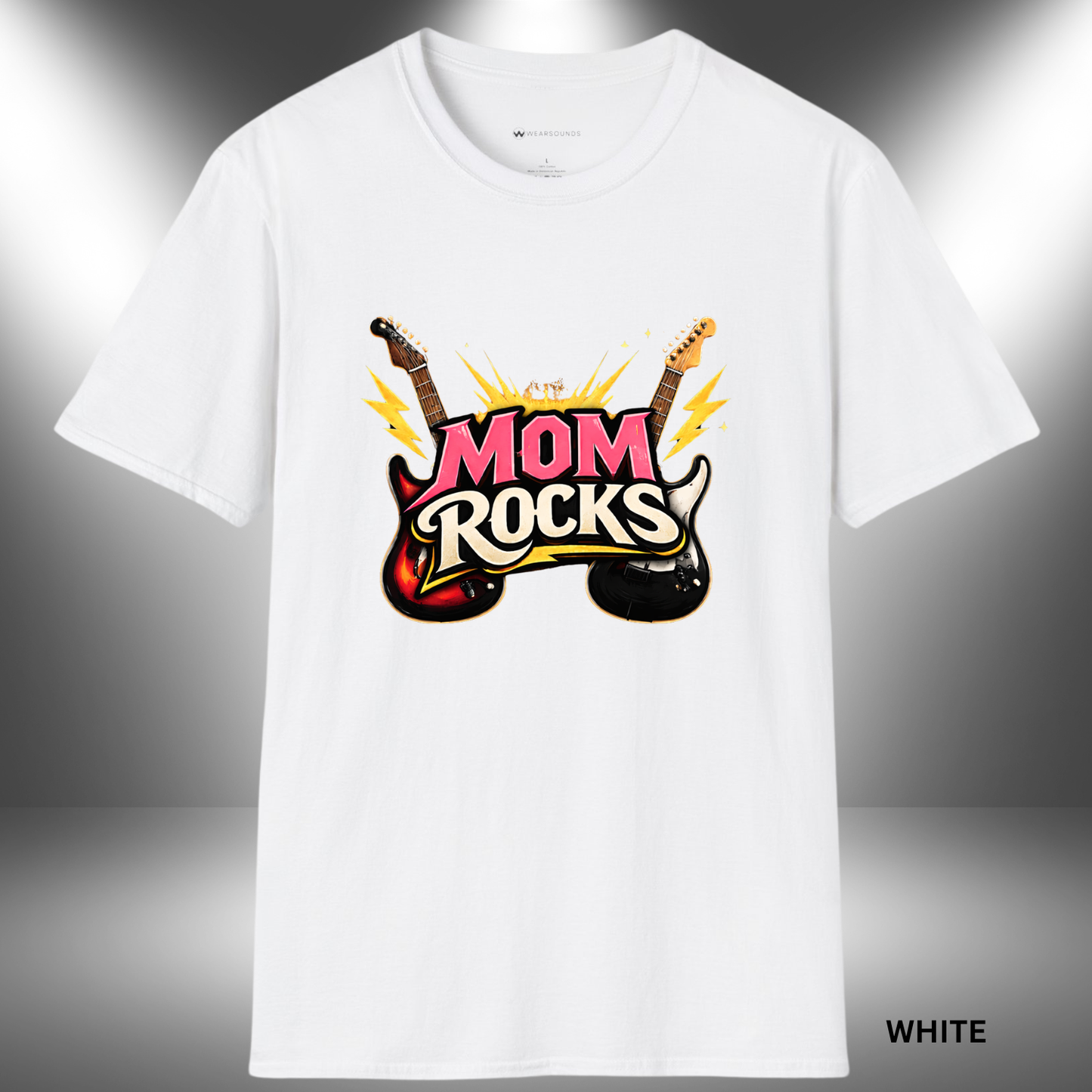 MOM ROCKS  | T-SHIRT - 7 colors - 9 sizes | Bold guitar Mother's Day Shirt for Rock Moms.