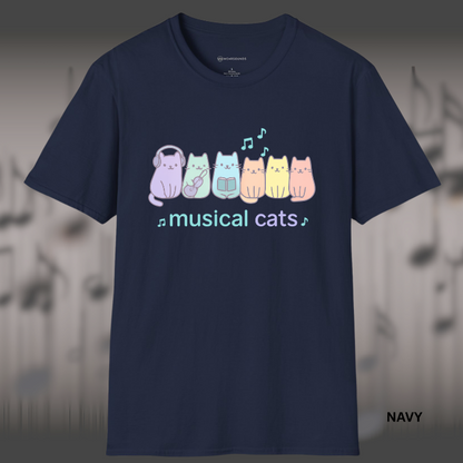 Navy blue t-shirt with colorful cat graphic and 'musical cats' text on a blurred background
