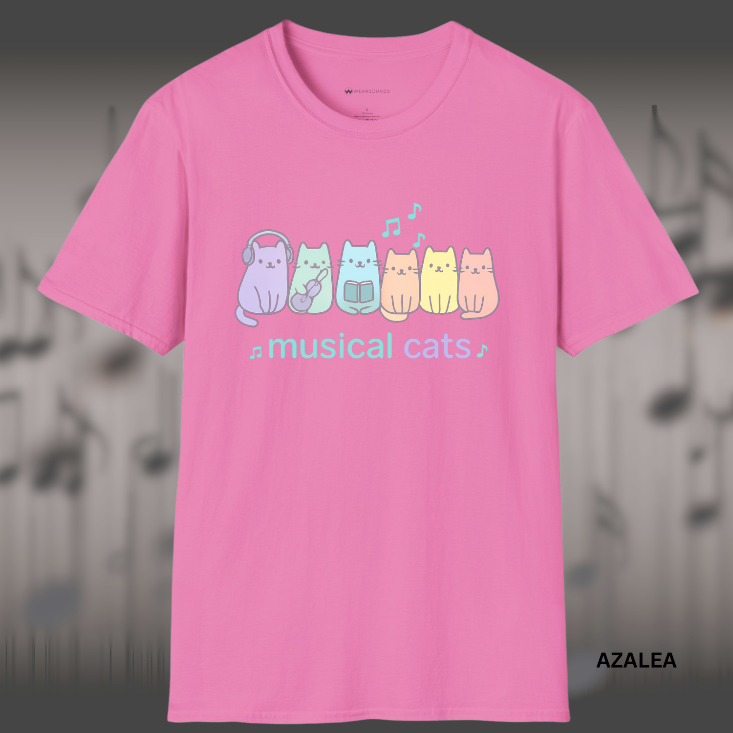 Cartoon-style design with six pastel-colored cats, each with a musical theme — one with headphones, one playing ukulele, one holding a book — with music notes floating above. The phrase “musical cats” is written in lowercase in aqua and lavender.