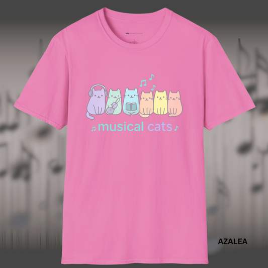 Cartoon-style design with six pastel-colored cats, each with a musical theme — one with headphones, one playing ukulele, one holding a book — with music notes floating above. The phrase “musical cats” is written in lowercase in aqua and lavender.