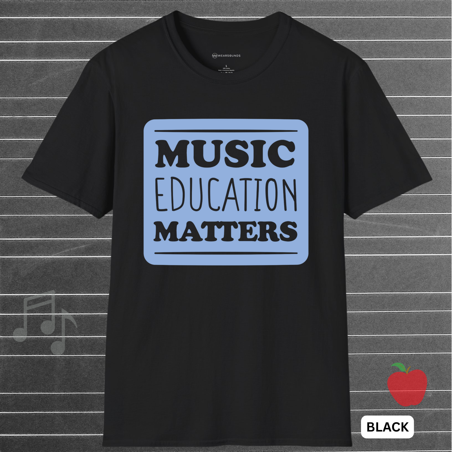 Black t-shirt with 'Music Education Matters' text on a gray background