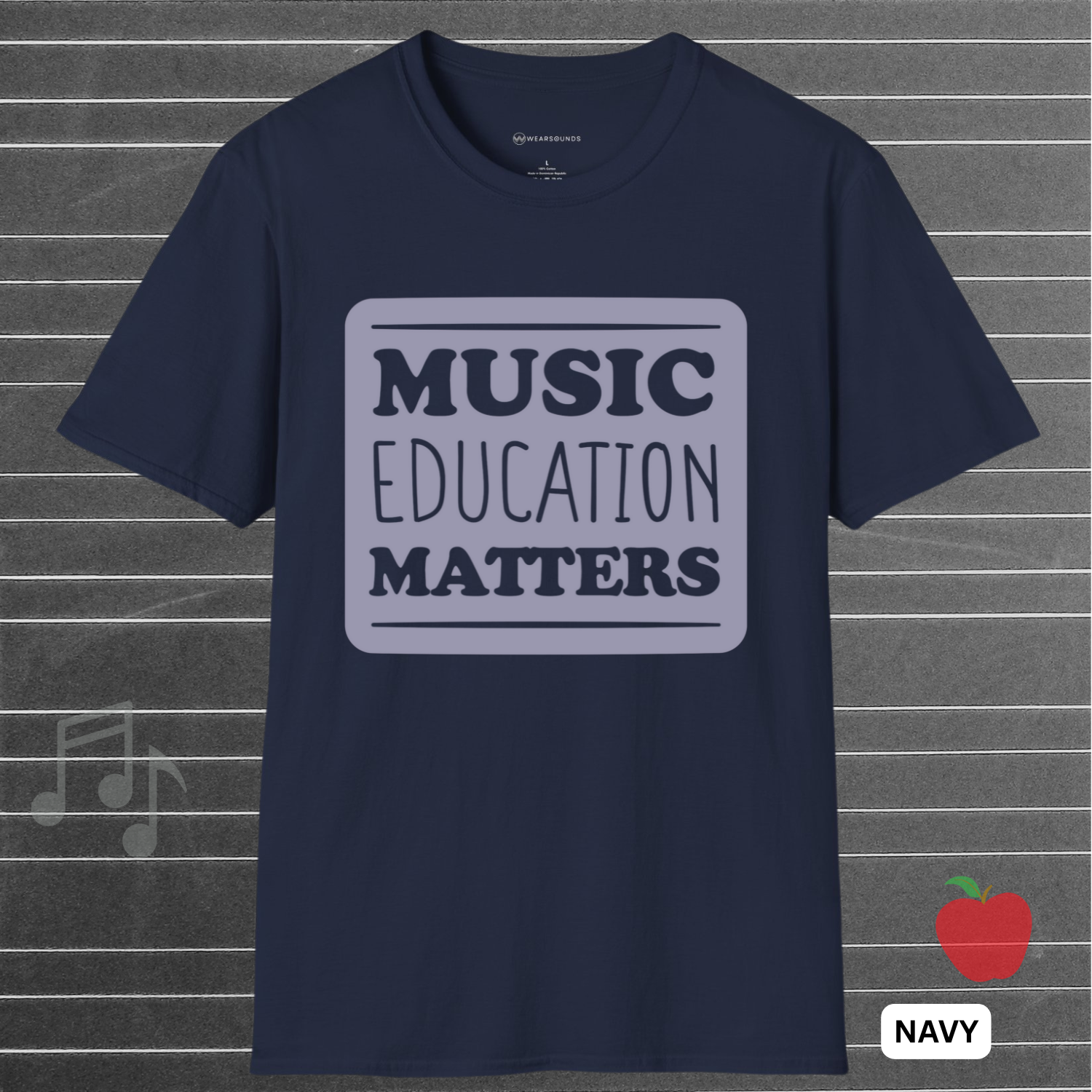 Navy blue t-shirt with 'Music Education Matters' text on a gray background with musical notes and an apple icon.