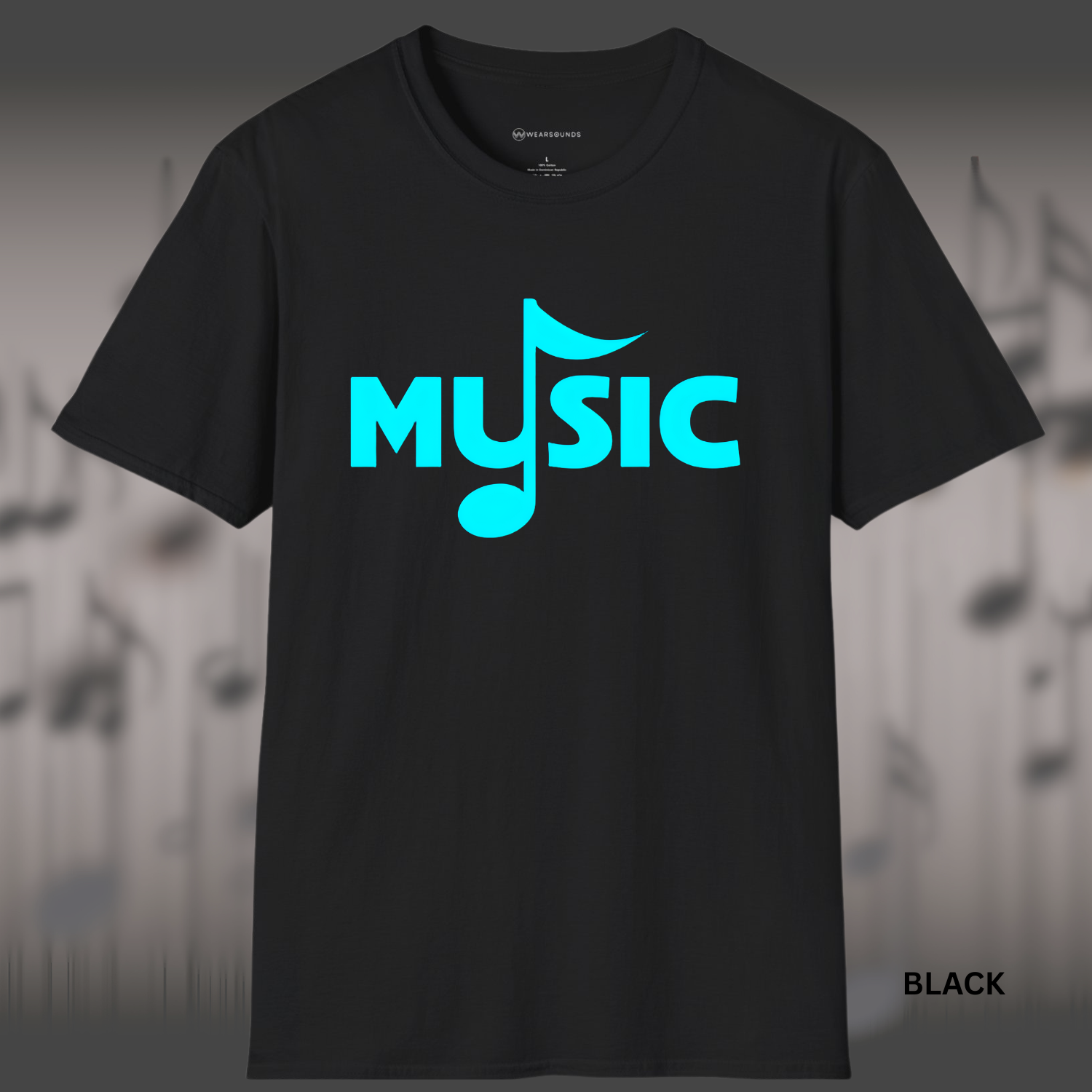 Black t-shirt with the word ‘MUSIC’ in bright cyan; the letter U forms an eighth note with a curved flag—minimalist music graphic