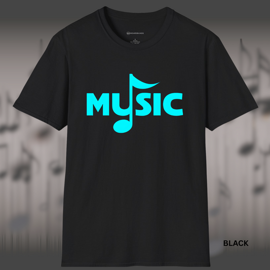 Black t-shirt with the word ‘MUSIC’ in bright cyan; the letter U forms an eighth note with a curved flag—minimalist music graphic