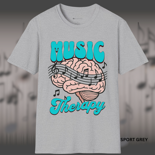 An illustrated human brain overlaid with a flowing staff of musical notes. Above it, the word “MUSIC” is written in large, bubbly aqua letters; below is the word “Therapy” in aqua cursive. The image suggests music’s power to heal the mind.