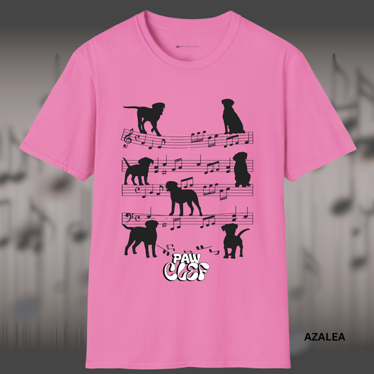 Silhouettes of dogs positioned on a sheet of music as if interacting with the notes and staves, with the clever title “Paw Clef.”