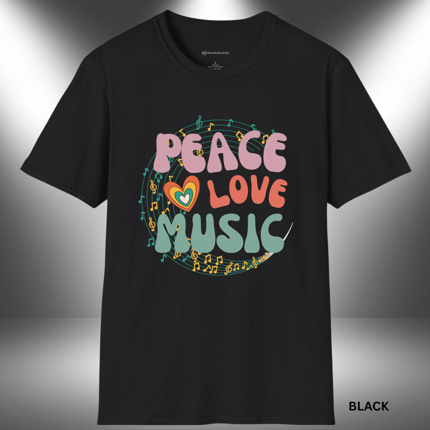 PEACE LOVE MUSIC     | T-SHIRT - 6 colors - 9 sizes  | Perfect for:  Music lovers, Festival and concert fans, Anyone who believes music connects hearts
