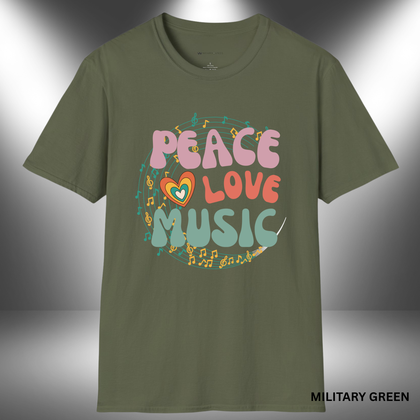 PEACE LOVE MUSIC     | T-SHIRT - 6 colors - 9 sizes  | Perfect for:  Music lovers, Festival and concert fans, Anyone who believes music connects hearts