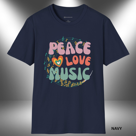 PEACE LOVE MUSIC     | T-SHIRT - 6 colors - 9 sizes  | Perfect for:  Music lovers, Festival and concert fans, Anyone who believes music connects hearts