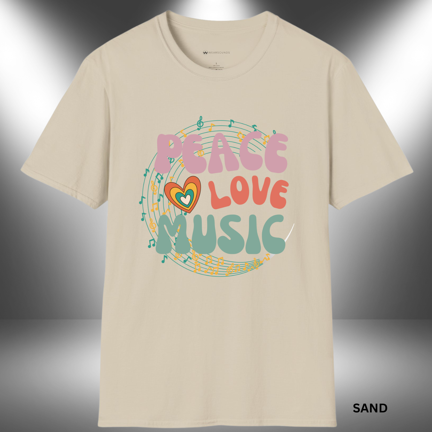 PEACE LOVE MUSIC     | T-SHIRT - 6 colors - 9 sizes  | Perfect for:  Music lovers, Festival and concert fans, Anyone who believes music connects hearts