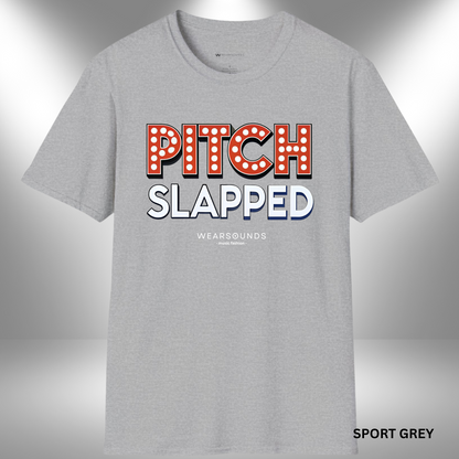 Text-based design that reads “Pitch Slapped,” with “Pitch” in bold red marquee letters and “Slapped” in a clean white-to-blue gradient sans-serif font.